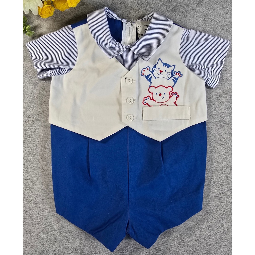 Petit Jouet Romper Baby Boy 3-6m Blue Embroidered Striped Cat Bear Vintage 70s